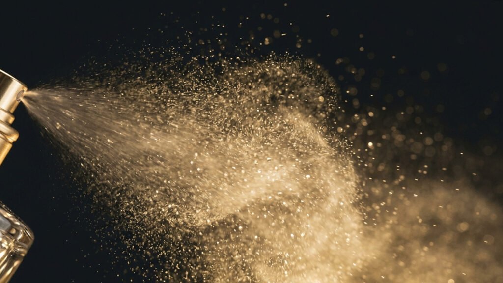Spruzzo di profumo dorato su fondo scuro, immagine del mercato della profumeria in Italia.