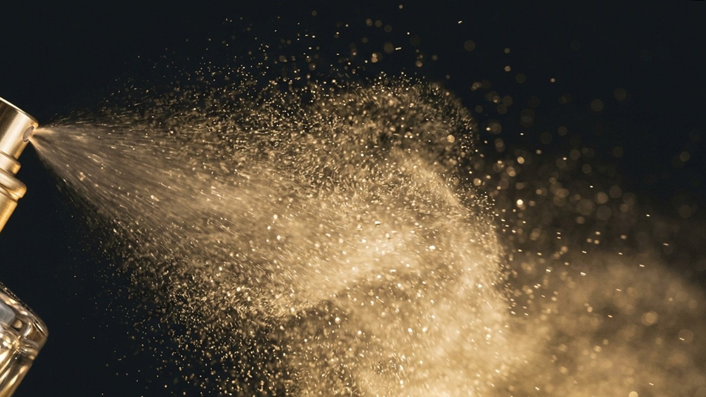 Spruzzo di profumo dorato su fondo scuro, immagine del mercato della profumeria in Italia.